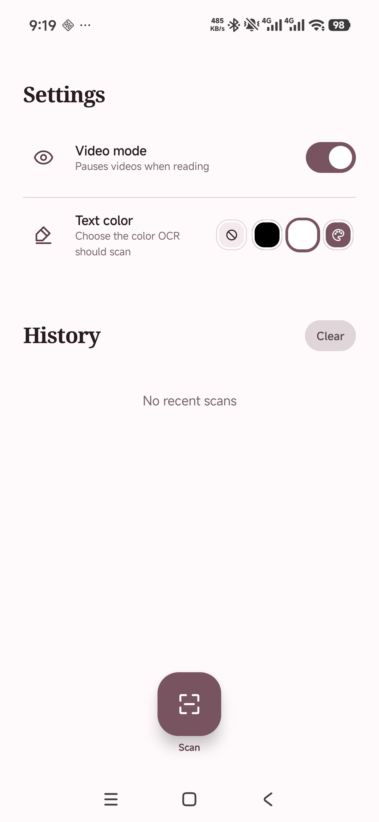 Chinese Reader settings and recent scan history