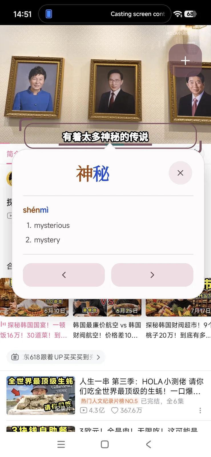 Chinese Reader definition popup over a Bilibili video subtitle